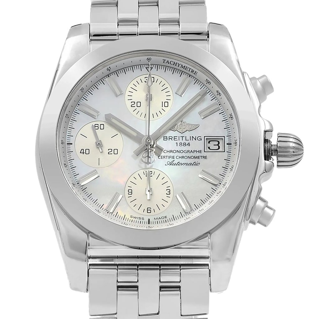 Up Close Front Facing Picture Of Breitling W1331012/A774-385A Stainless Steel Watch Display Model Condition