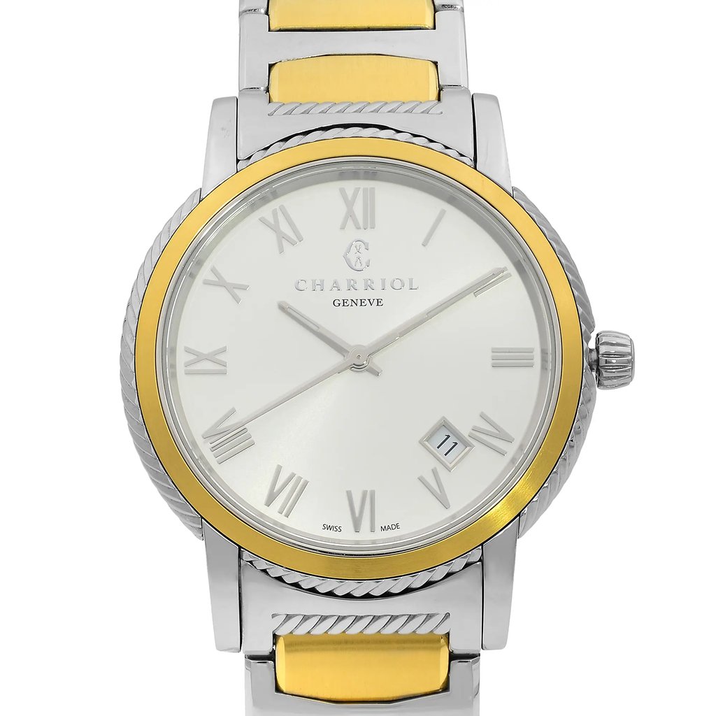 An image of a pre-owned wristwatch captured from a front close-up angle, focusing on the watch face. The watch features a silver dial with Roman numerals and a date display. It has a two-tone bezel in gold and silver, and a metallic bracelet with gold accents. The brand name is visible on the dial.