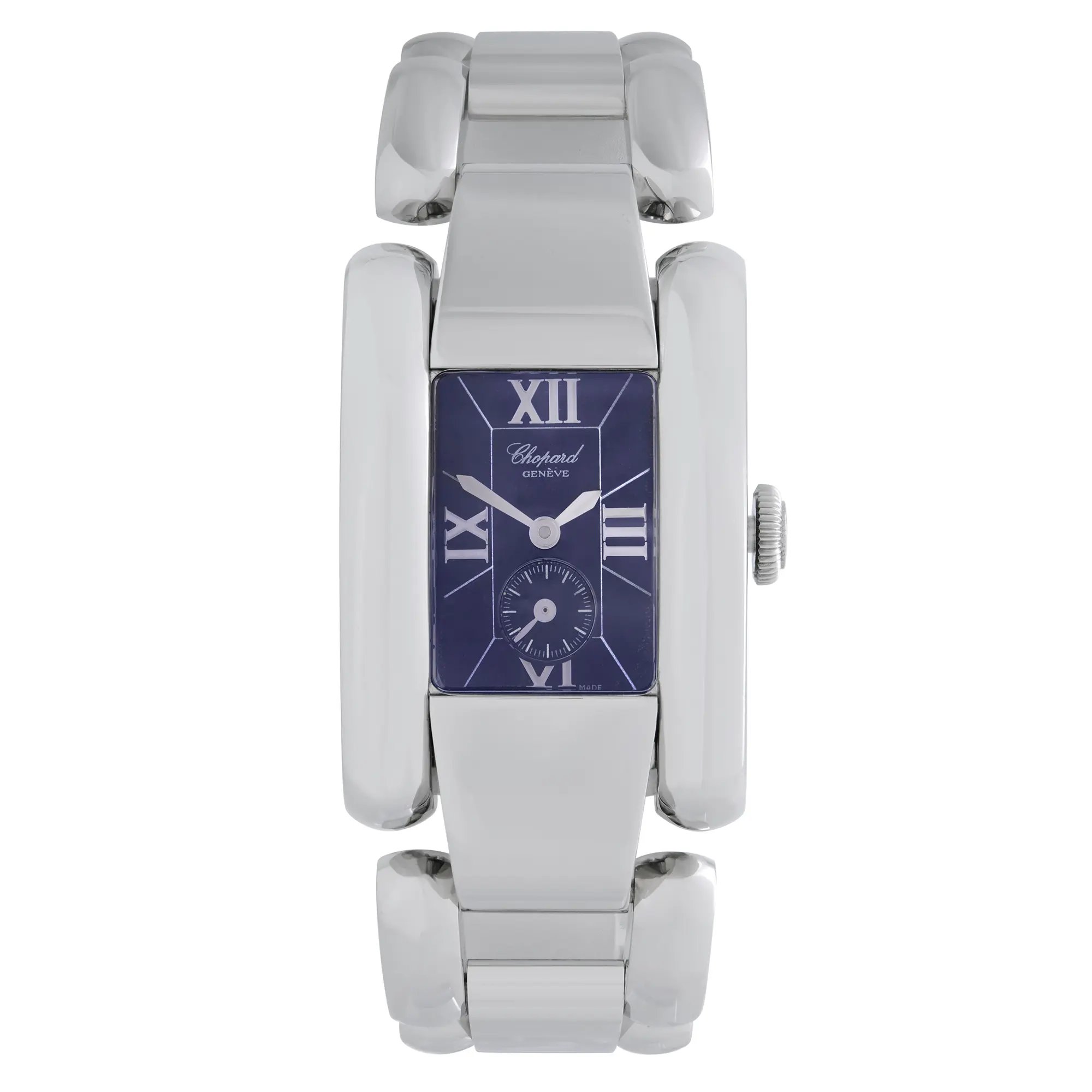 An image of a Wristwatch by Chopard. This Pre Owned item is designed for Women, featuring a Classic,Dress/Formal style. It has a Quartz movement and an Analog display with a Blue dial color. The indices include 12-Hour Dial,Non-Numeric Hour Marks,Roman Numerals. The band is made of Stainless Steel and the case is made of Stainless Steel. The watch has a Rectangle shape with a case size of 24 mm and a case thickness of 9 mm.