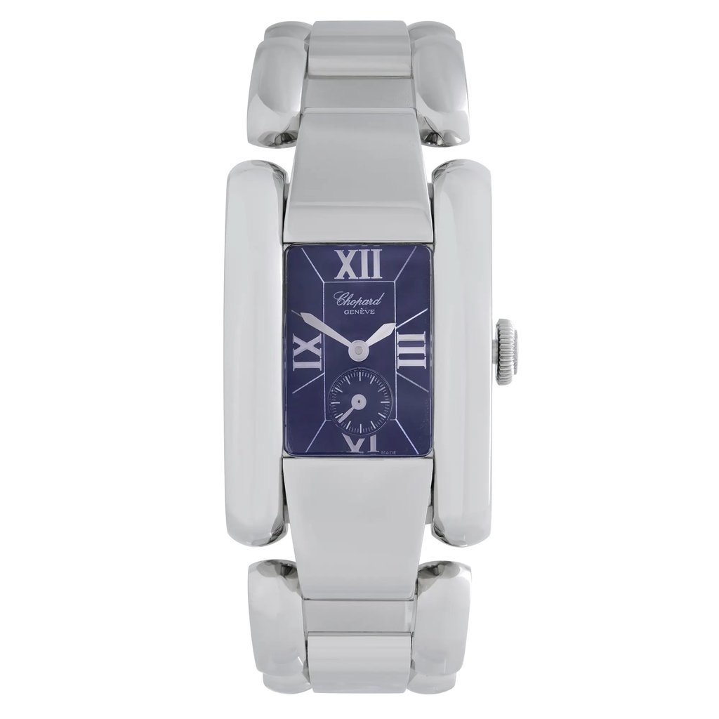 An image of a Wristwatch by Chopard. This Pre Owned item is designed for Women, featuring a Classic,Dress/Formal style. It has a Quartz movement and an Analog display with a Blue dial color. The indices include 12-Hour Dial,Non-Numeric Hour Marks,Roman Numerals. The band is made of Stainless Steel and the case is made of Stainless Steel. The watch has a Rectangle shape with a case size of 24 mm and a case thickness of 9 mm.