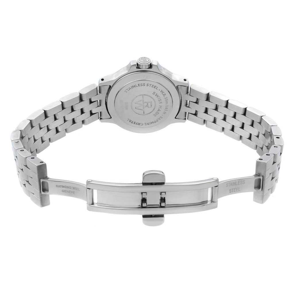 Back View Of Snap Back Case And Open Stainless Steel Band Of RAYMOND WEIL 5399-ST-00608 Watch Pre Owned Condition