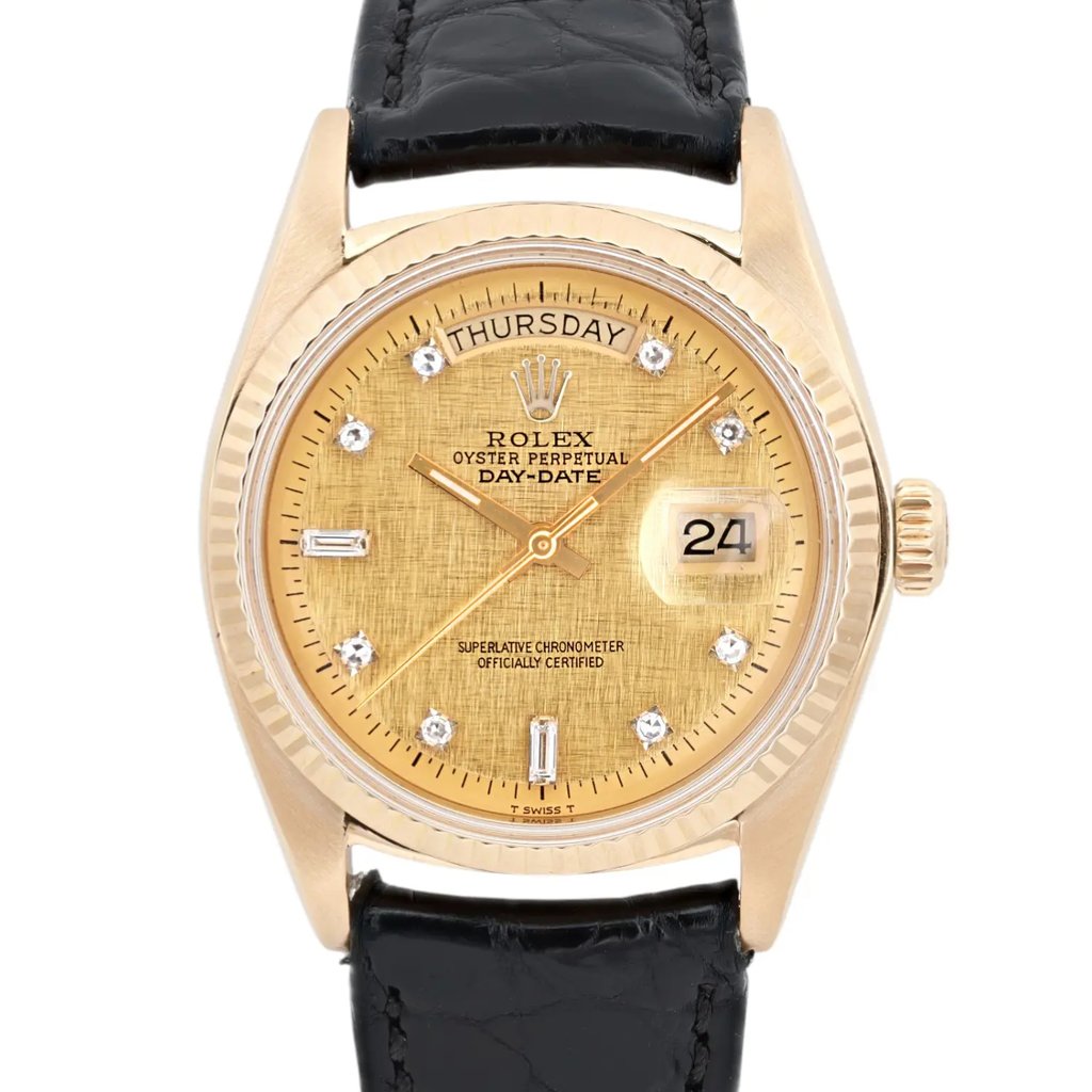 Up Close Front Facing Picture Of Rolex 1803 Yellow Gold Watch Pre Owned Condition