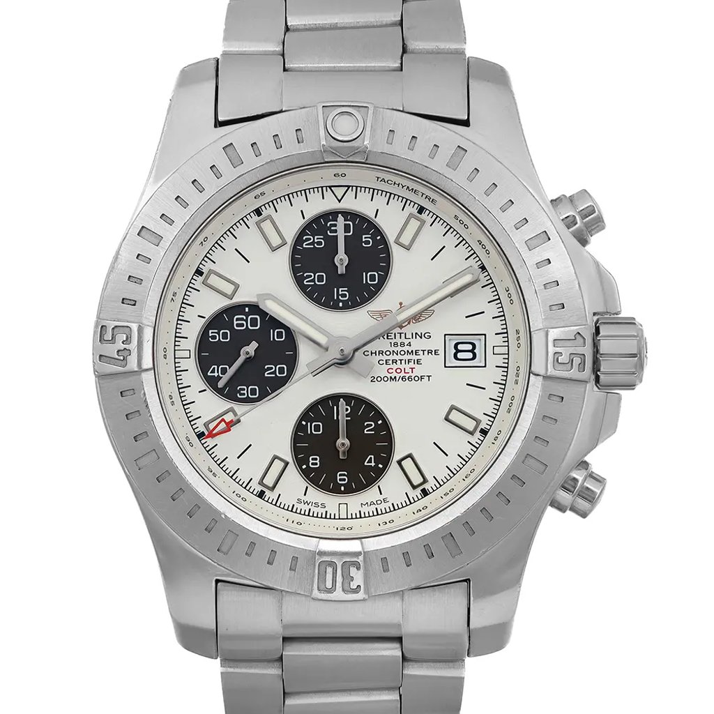 An image of a pre-owned wristwatch captured in a front close-up shot, focusing on the watch face. The watch features a metal band and a detailed dial with three subdials and a date window. The bezel is marked with minute indicators, and the watch hands are positioned to indicate the time. The angle and distance showcase the intricate details of the watch, emphasizing its design and functionality.