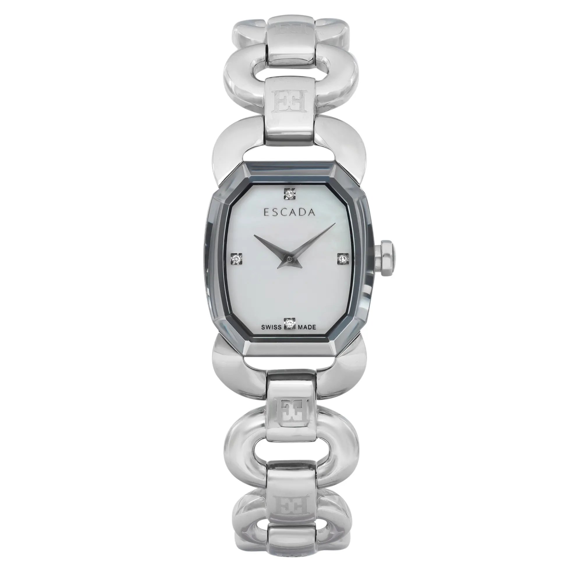 An image of a Wristwatch by ESCADA. This Pre Owned item is designed for Women, featuring a Casual style. It has a Quartz movement and an Analog display with a White dial color. The indices include 12-Hour Dial,Non-Numeric Hour Marks. The band is made of Stainless Steel and the case is made of Stainless Steel. The watch has a Round shape with a case size of 22.5 mm and a case thickness of 8 mm.