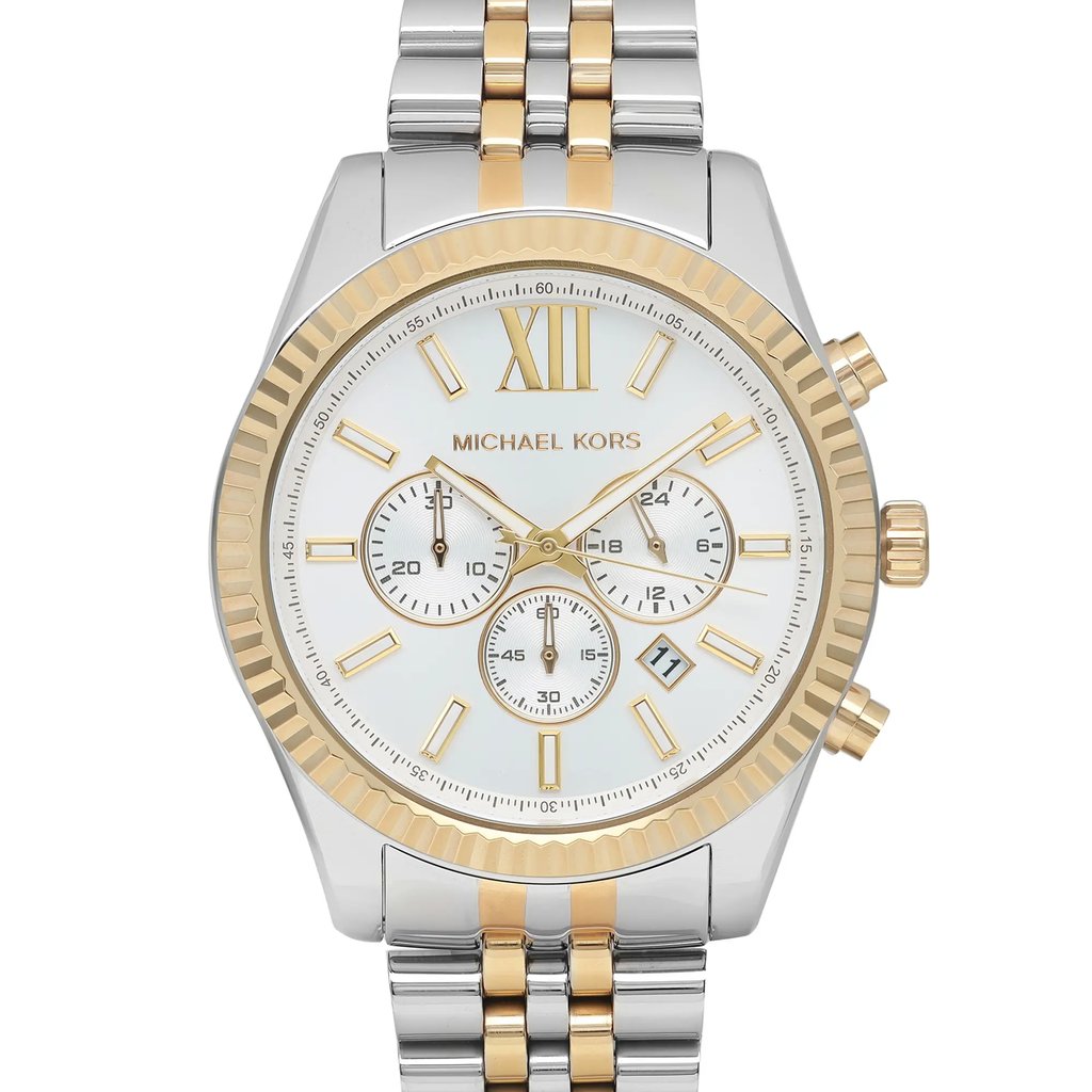 Up Close Front Facing Picture Of Michael Kors MK8344 Stainless Steel Watch Display Model Condition