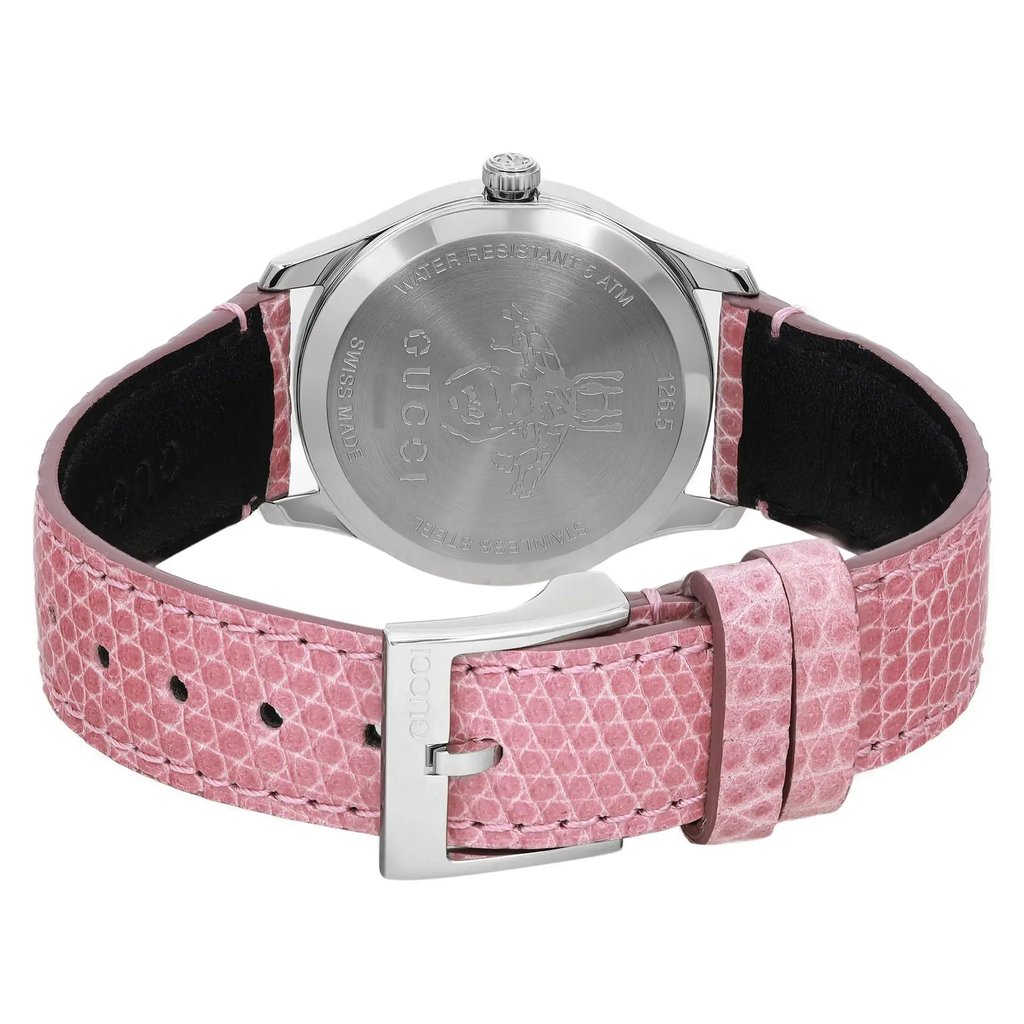 Back View Of Snap Back Case And Closed Leather Band Of Gucci YA126586 Watch Unworn Condition