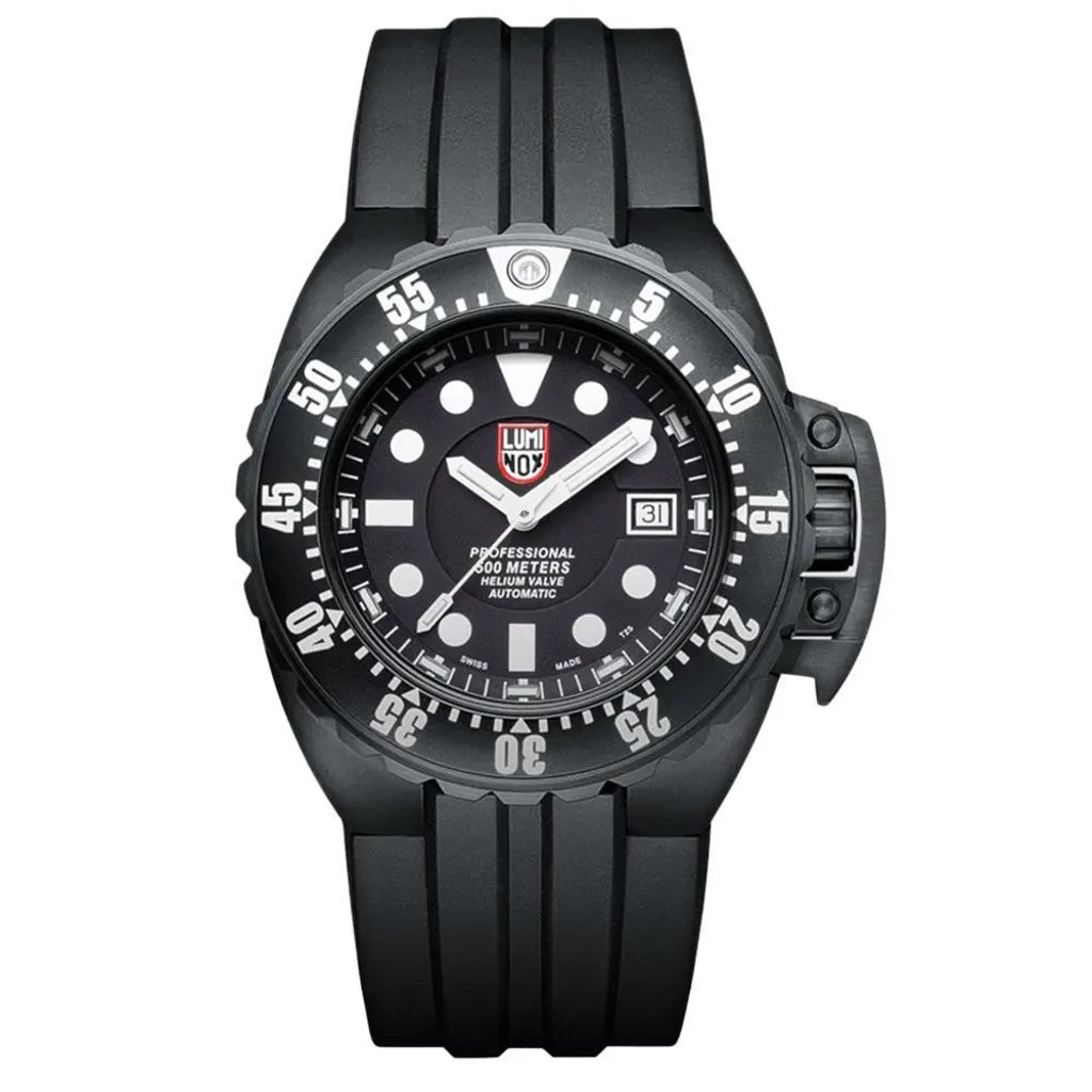 An image of a Wristwatch by Luminox. This Pre Owned item is designed for Men, featuring a Diver,Military style. It has a Mechanical (Automatic) movement and an Analog display with a Black dial color. The indices include 12-Hour Dial,Arrow Markers,Round Indexes. The band is made of Rubber and the case is made of Stainless Steel. The watch has a Round shape with a case size of 44 mm and a case thickness of 17 mm.