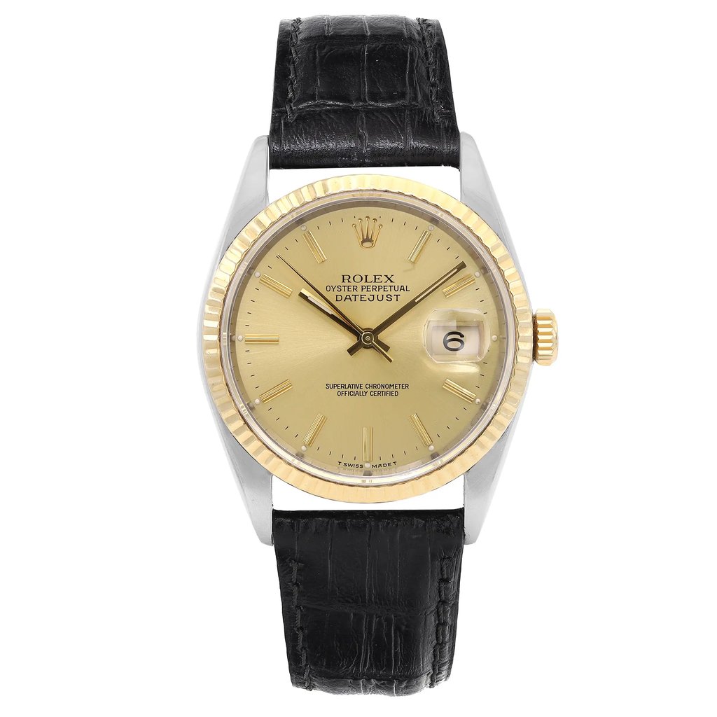 An image of a pre-owned men's Rolex wristwatch taken from a straight-on angle. The watch features a gold dial with a date indicator at the 3 o'clock position and luminous hands. It has a gold fluted bezel and a black leather strap. The image is captured from a close distance, highlighting the watch's intricate details.