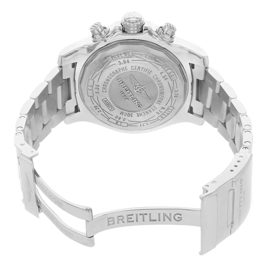 Back View Of {Caseback} Back Case And Open Stainless Steel Band Of Breitling A1337111/BC29-168A Watch Pre Owned Condition