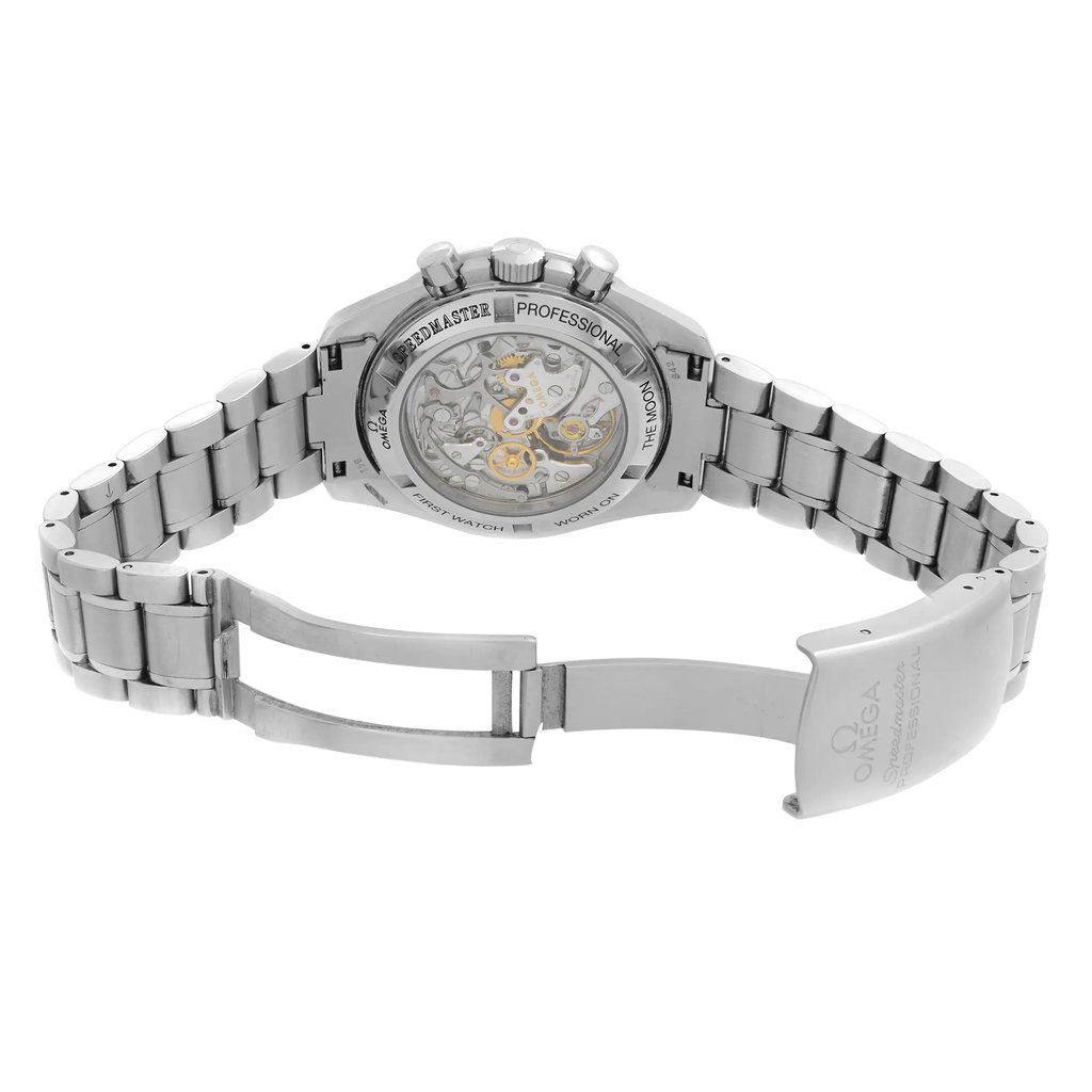 Back View Of Exhibition Back Case And Open Stainless Steel Band Of OMEGA 3572.50.00 Watch Pre Owned Condition