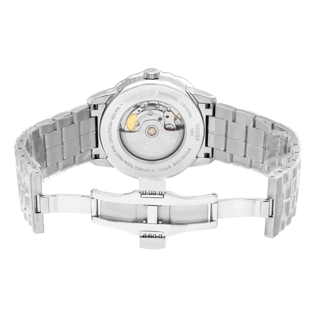 Back View Of Exhibition Back Case And Open Stainless Steel Band Of Tissot T086.407.11.201.02 Watch Unworn Condition