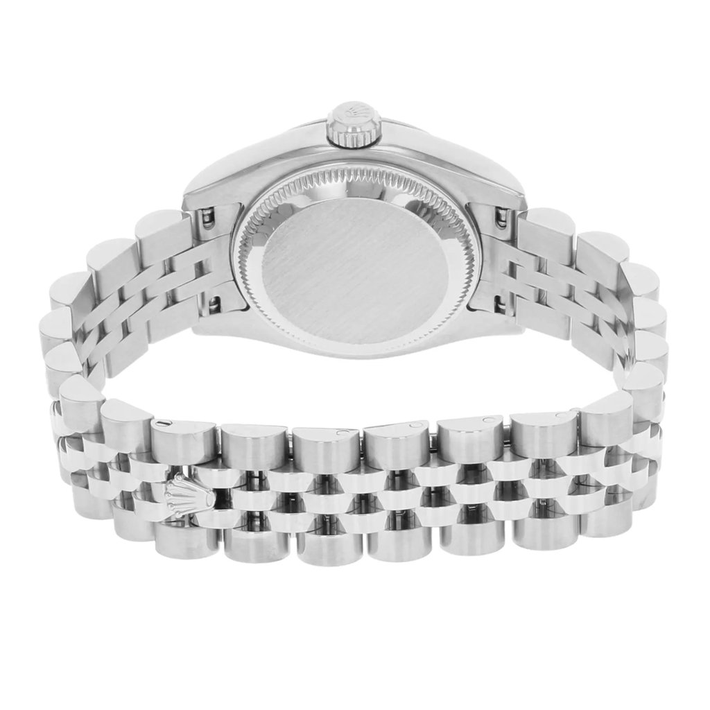 An image of a pre-owned wristwatch shown from the back view, focusing on the closed clasp. The watch has a stainless steel bracelet with a polished finish. The image is taken from a straight-on angle, close-up, highlighting the intricate links and the smooth back of the watch case.