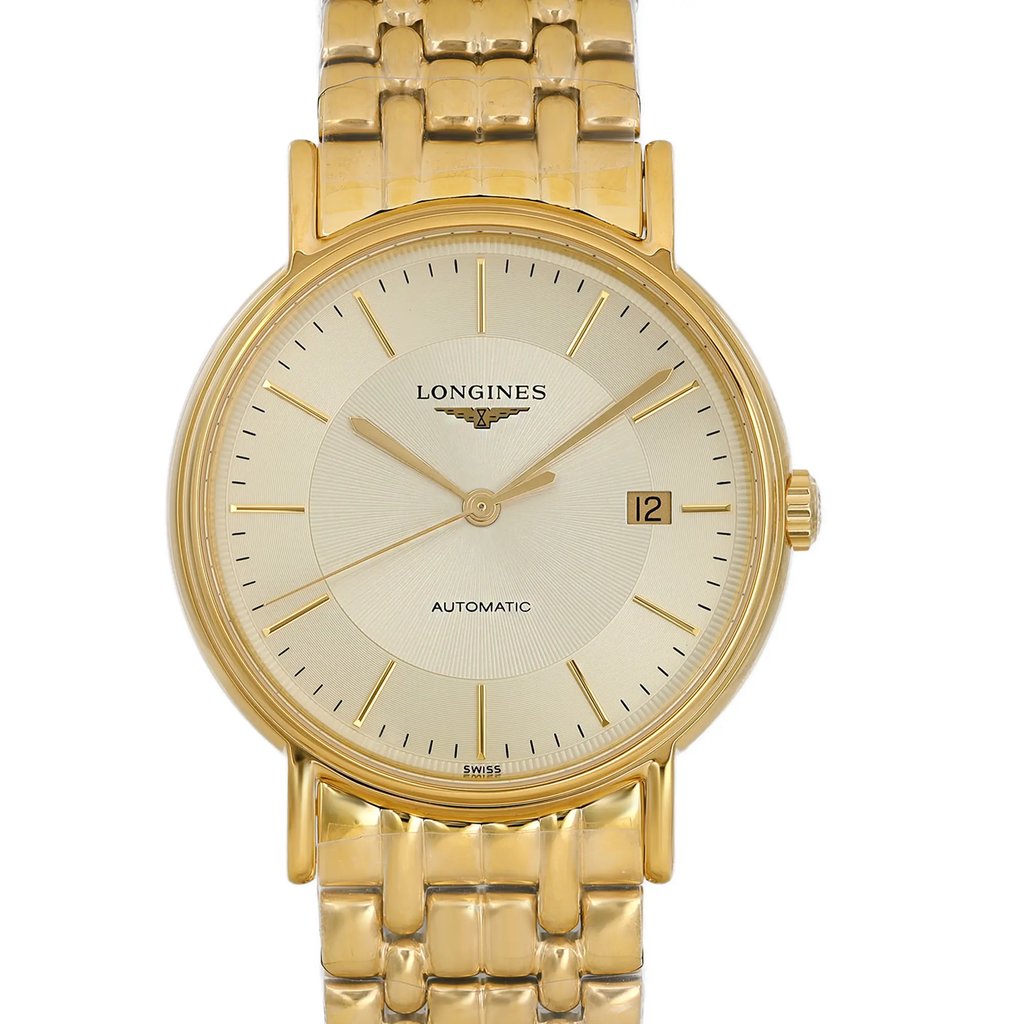 An image of a Wristwatch by Longines. This Display Model item is designed for Men, featuring a Casual style. It has a Mechanical (Automatic) movement and an Analog display with a Champagne dial color. The indices include 12-Hour Dial,Stick Indexes. The band is made of Stainless Steel and the case is made of Stainless Steel. The watch has a Round shape with a case size of 38.50 mm and a case thickness of 9 mm.