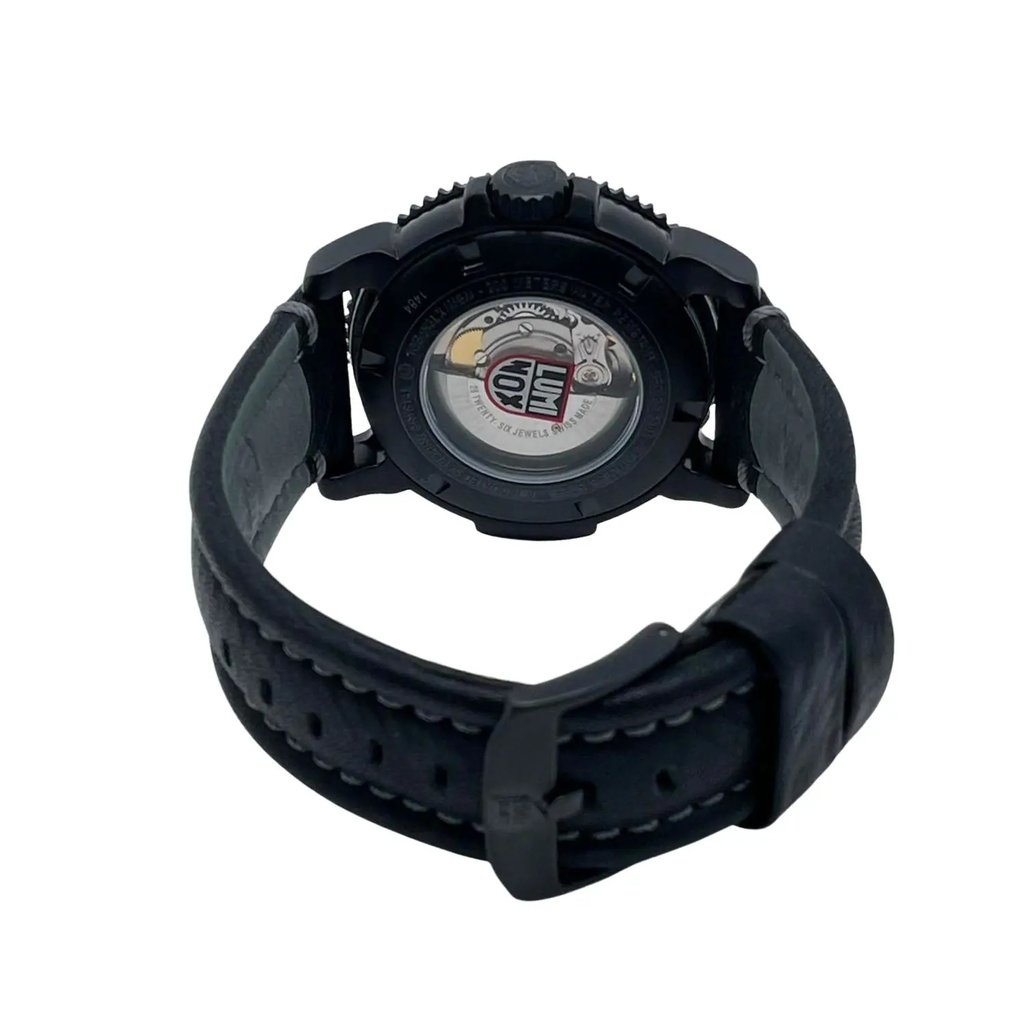 Back View Of Exhibition Back Case And Closed Leather Band Of Luminox XS.6501.BO Watch Pre Owned Condition