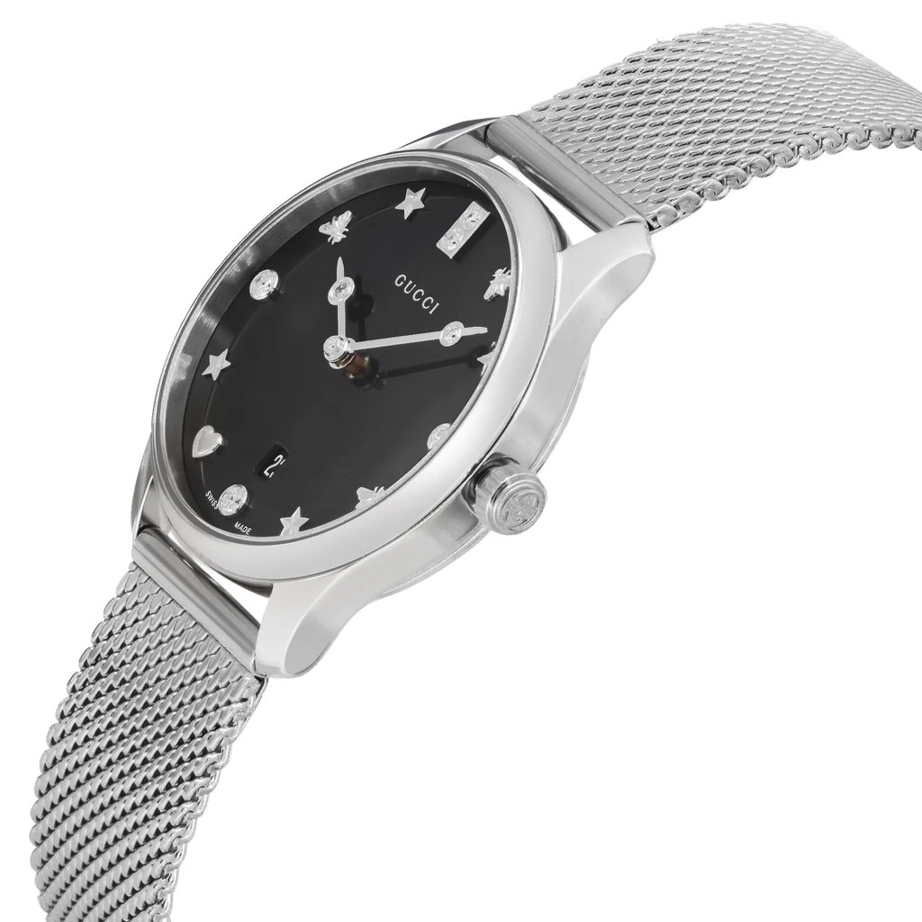 View Of Crown Facing Side Of Gucci YA1265001 Stainless Steel Watch New With Defects Condition