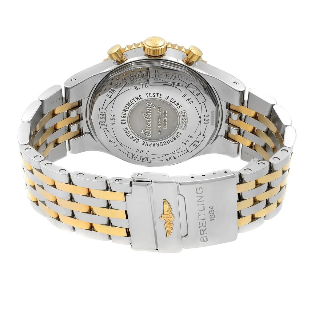Back View Of {Caseback} Back Case And Closed Stainless and Solid Gold Band Of Breitling C2334021-B879 Watch Display Model Condition