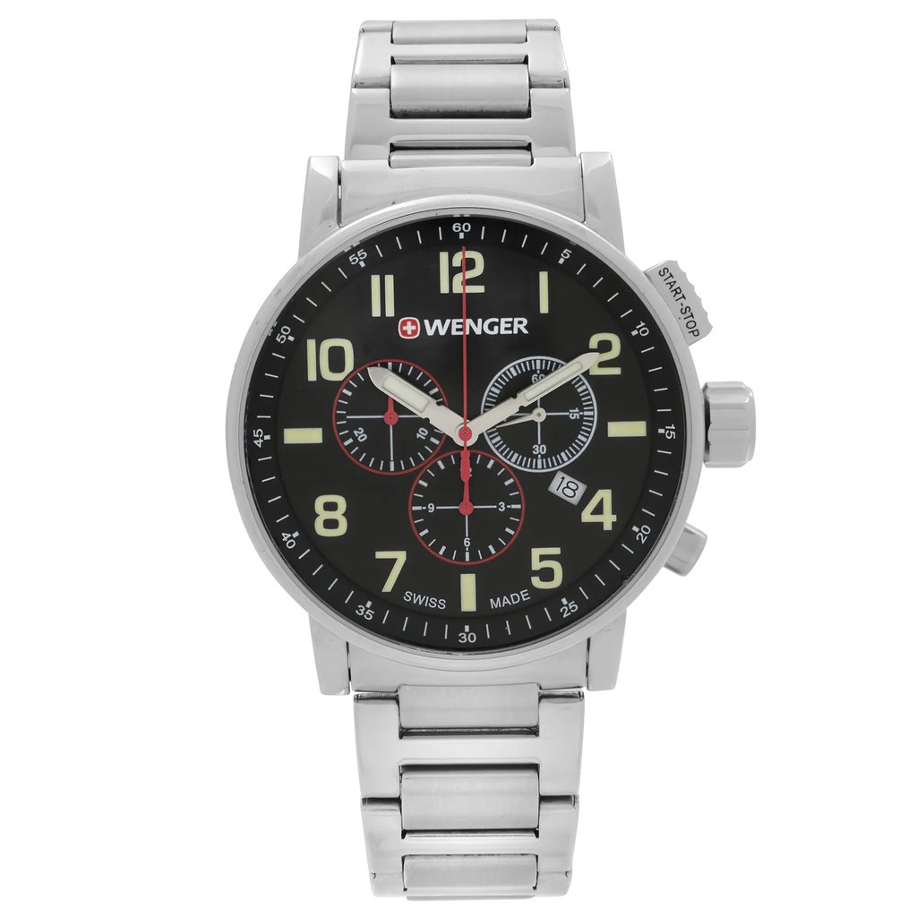 An image of a Wristwatch by Wenger. This Display Model item is designed for Men, featuring a Casual,Dress/Formal style. It has a Quartz movement and an Analog display with a Black dial color. The indices include 12-Hour Dial,Arabic Numerals. The band is made of Stainless Steel and the case is made of Stainless Steel. The watch has a Round shape with a case size of 43 mm and a case thickness of 11 mm.