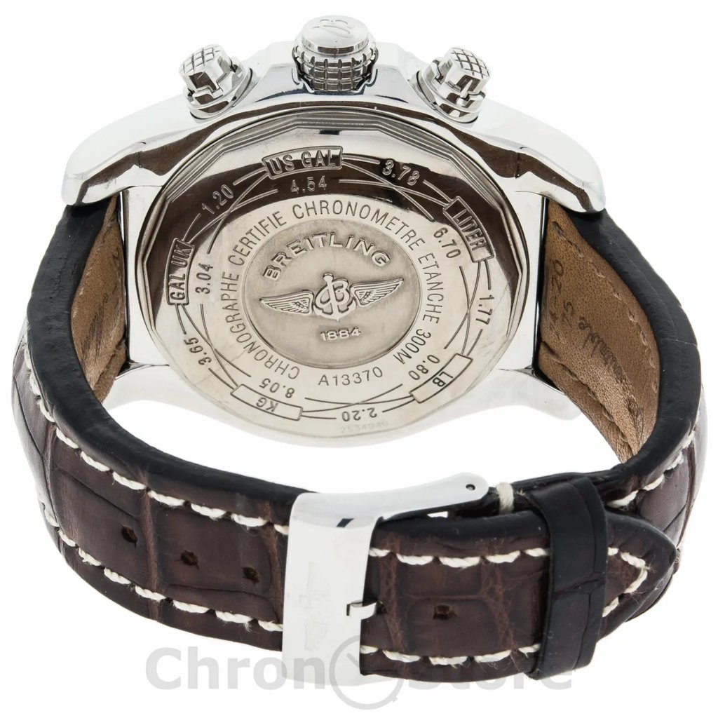 Back View Of {Caseback} Back Case And Closed Leather Band Of Breitling A13370 Watch Pre Owned Condition