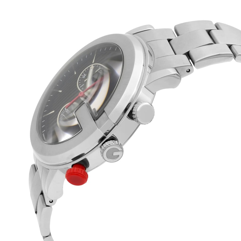 View Of Crown Facing Side Of Gucci YA101361 Stainless Steel Watch Display Model Condition
