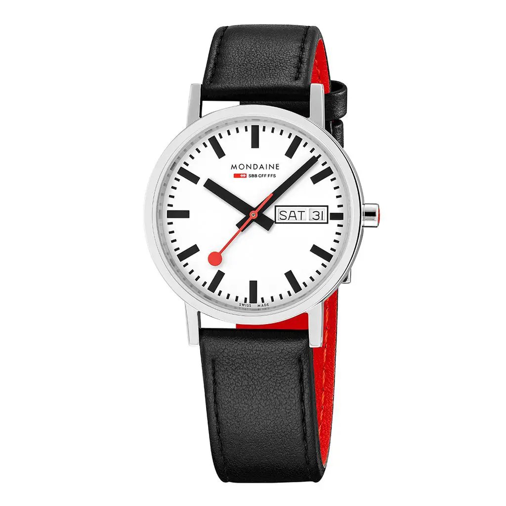 An image of a Wristwatch by Mondaine. This Display Model item is designed for Women, featuring a Classic,Dress/Formal style. It has a Quartz movement and an Analog display with a White dial color. The indices include 12-Hour Dial,Non-Numeric Hour Marks,Stick Indexes. The band is made of Leather and the case is made of Stainless Steel. The watch has a Round shape with a case size of 36 mm and a case thickness of 8 mm.