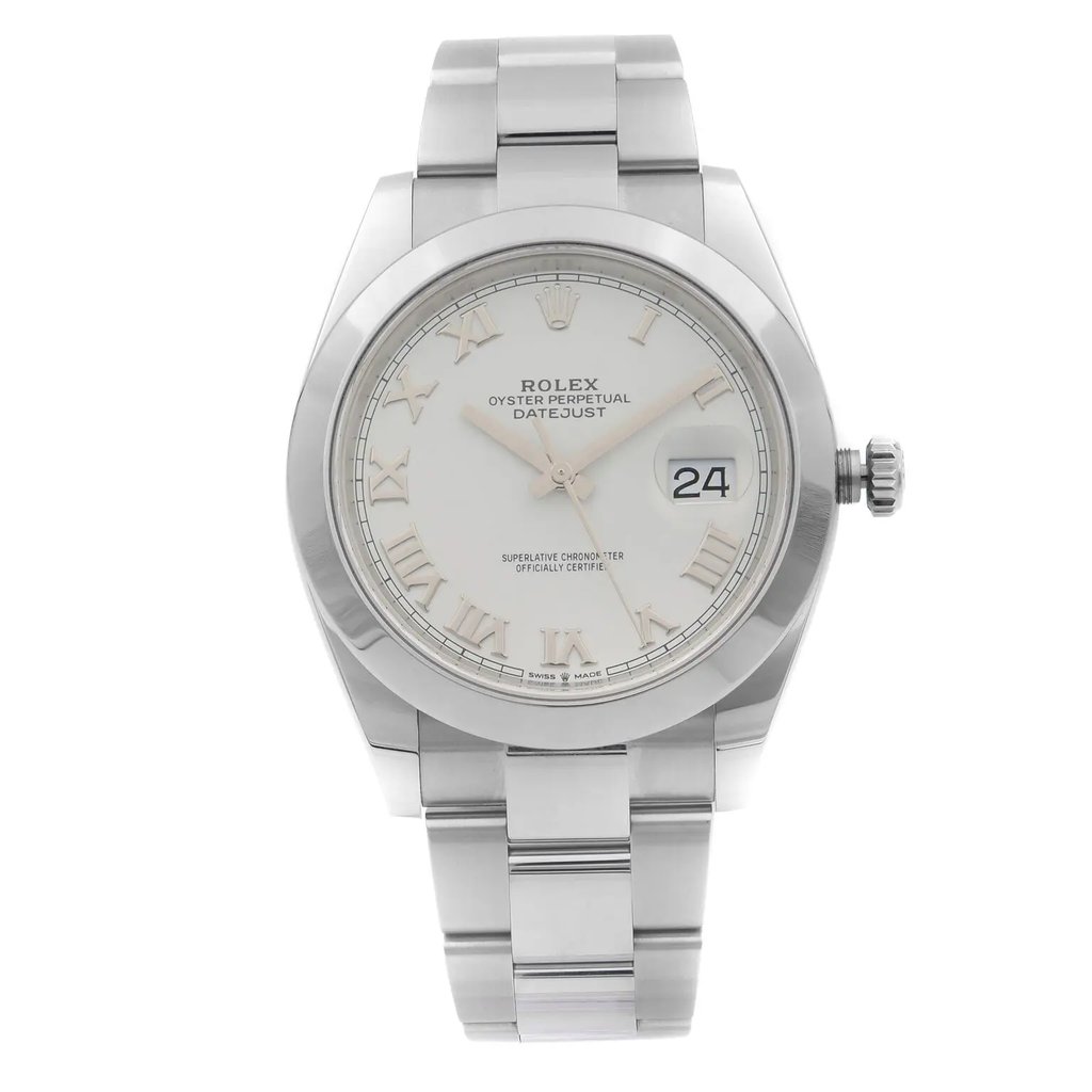 An image of a wristwatch shown from a front full frontal view. The watch is unworn and features a classic design with a metal bracelet. The dial is light in color with Roman numerals and a date display at the 3 o'clock position. The watch is captured at a close distance, clearly showcasing its details and craftsmanship.