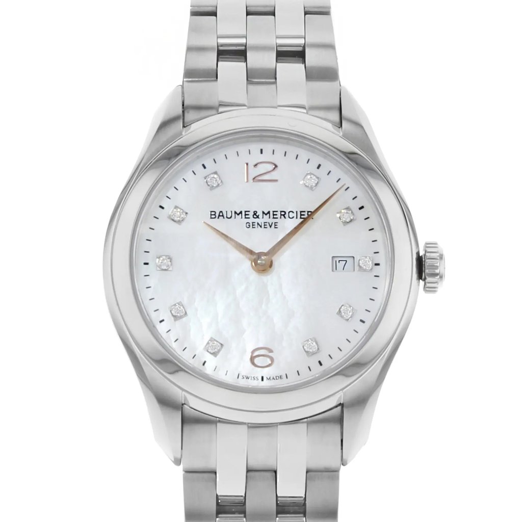 Up Close Front Facing Picture Of Baume & Mercier MOA10176 Stainless Steel Watch Pre Owned Condition