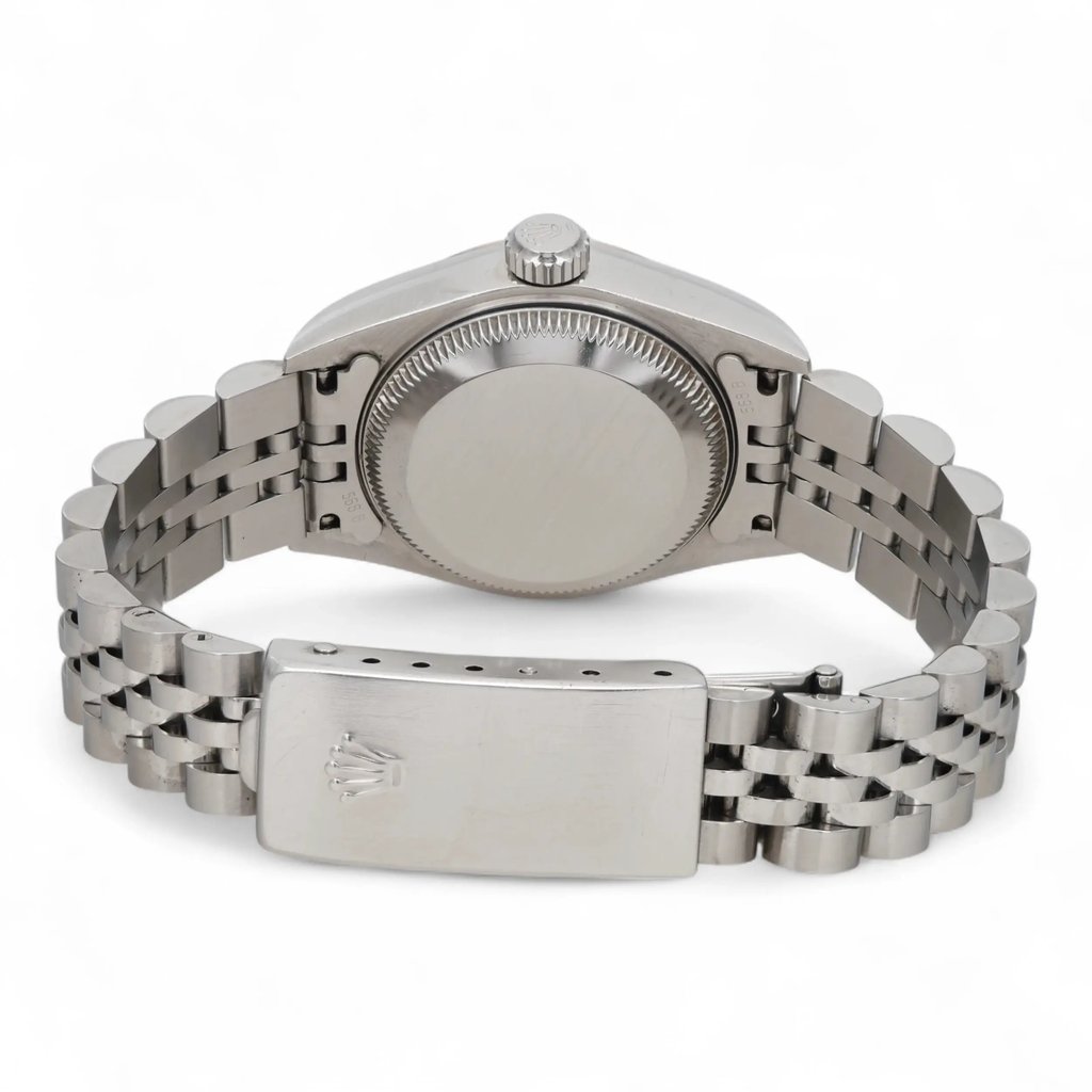 Back View Of Screwback Back Case And Closed Stainless Steel Band Of Rolex 79174 Watch Pre Owned Condition