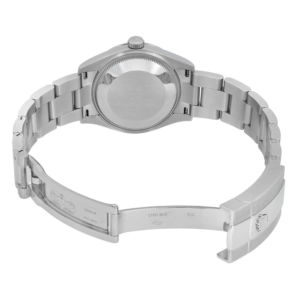 An image of a pre-owned women's Rolex wristwatch taken from the back, showcasing the open stainless steel bracelet and clasp. The watch is positioned at a slight angle, providing a clear view of the case back, crown, and bracelet links. The watch is photographed at a close range to highlight the details and craftsmanship.