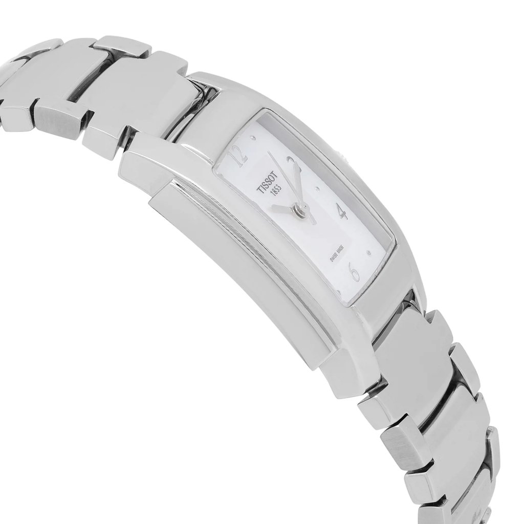 An image of a rectangular stainless steel wristwatch with a Mother Of Pearl dial. The watch is depicted at a 45-degree angle, with the crown not visible from this angle. Display model in excellent condition. 