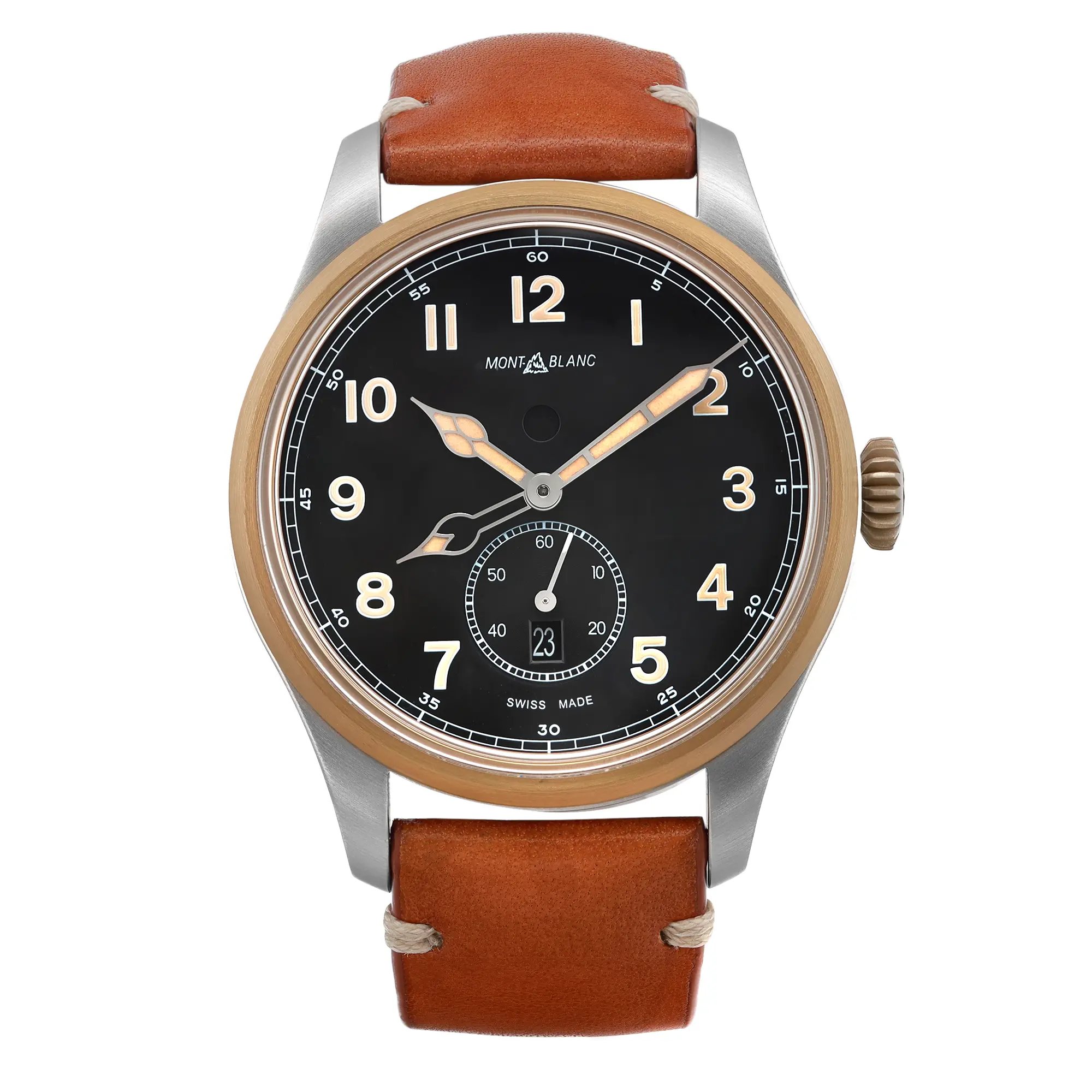 An image of a pre-owned wristwatch shown from a front full frontal view. The watch features a black dial with bold, luminous numerals and intricate hands. The case has a metallic finish, and the watch is set against a brown leather strap. The photo is taken from a straight-on angle at a close distance, highlighting the details of the watch face and strap.