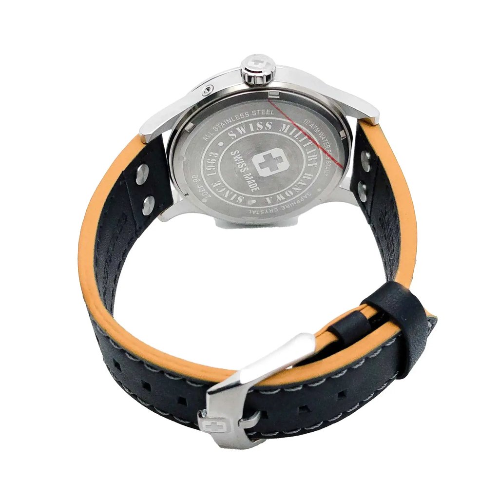 Back View Of Screwback Back Case And Closed Leather Band Of Swiss Military Hanowa 06-4307.04.007 Watch Display Model Condition