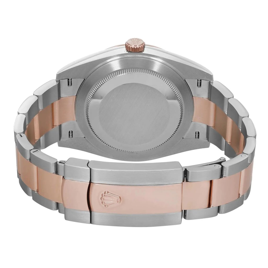 An image of a pre-owned men's Rolex wristwatch shown from the back. The watch is positioned horizontally, showcasing its metal bracelet with a combination of stainless steel and rose gold. The clasp features the Rolex logo. The image is taken from a close distance, highlighting the brushed finish and the crown at the top of the case.