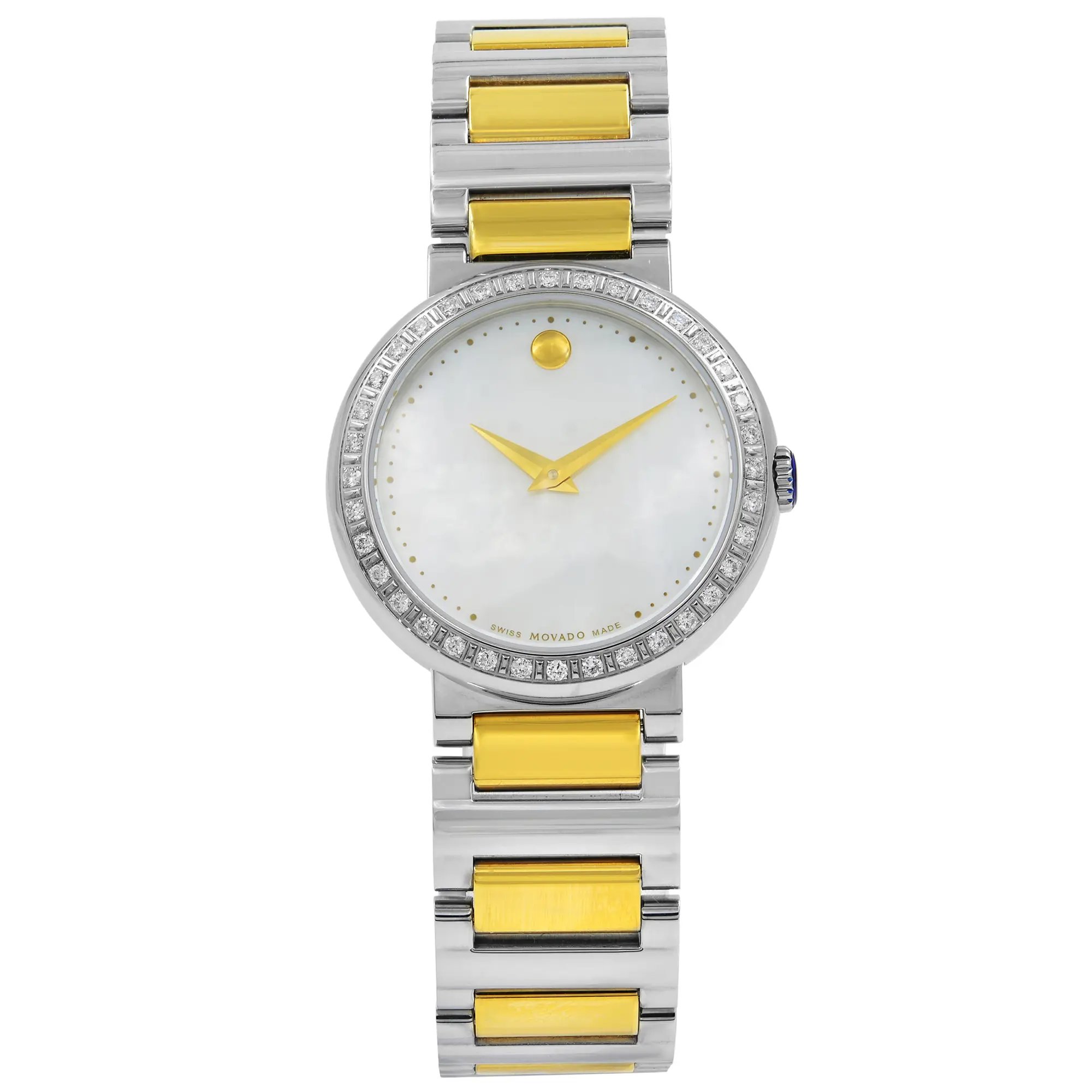 An image of a Wristwatch by Movado. This Pre Owned item is designed for Women, featuring a Casual style. It has a Quartz movement and an Analog display with a White dial color. The indices include 12-Hour Dial,No Hour Marks,Round Indexes. The band is made of Stainless Steel and the case is made of Stainless Steel. The watch has a Round shape with a case size of 30 mm and a case thickness of 7 mm.