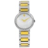 An image of a Wristwatch by Movado. This Pre Owned item is designed for Women, featuring a Casual style. It has a Quartz movement and an Analog display with a White dial color. The indices include 12-Hour Dial,No Hour Marks,Round Indexes. The band is made of Stainless Steel and the case is made of Stainless Steel. The watch has a Round shape with a case size of 30 mm and a case thickness of 7 mm.