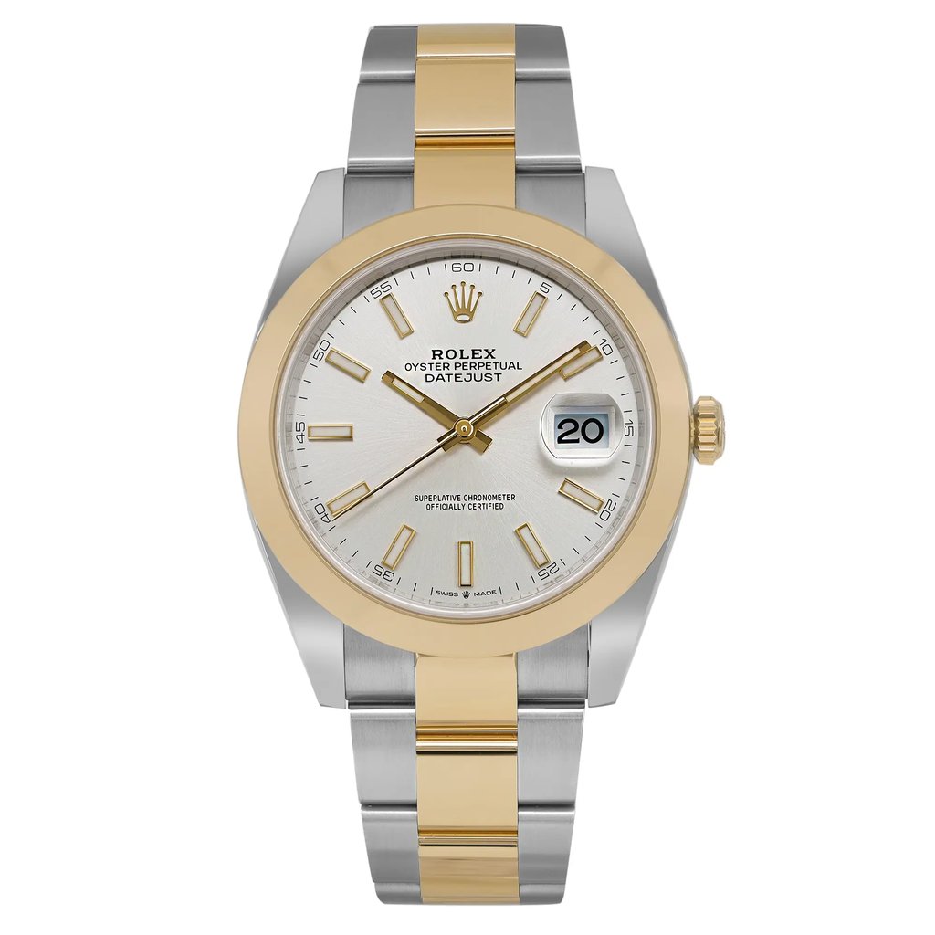 An image of a men's Rolex Oyster Perpetual Datejust wristwatch in unworn condition with a luxury style. The front full frontal view shows a round watch face with a sunburst silver dial, gold bezel, and a date indicator at the 3 o'clock position. The watch features luminous hands, stick indexes for the hours, and is certified as a superlative chronometer. The stainless steel and yellow gold band is captured from a direct angle, displaying the watch in its entirety from a medium distance, providing a clear view of its excellent condition and details.