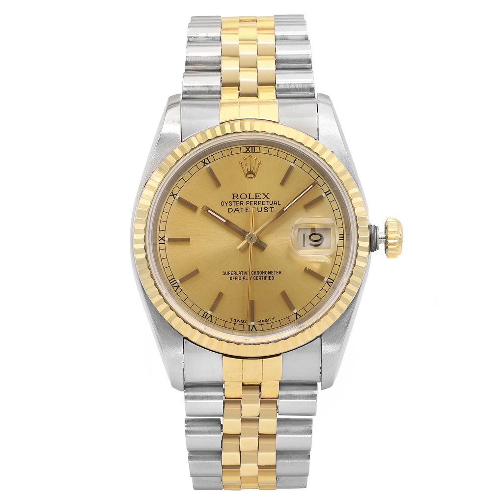 An image of a pre-owned wristwatch shown from a front full frontal view. The watch features a gold and silver-tone bracelet and a gold dial with a date display. The angle is straight on, capturing the watch at close range, highlighting its intricate details and dual-tone design.