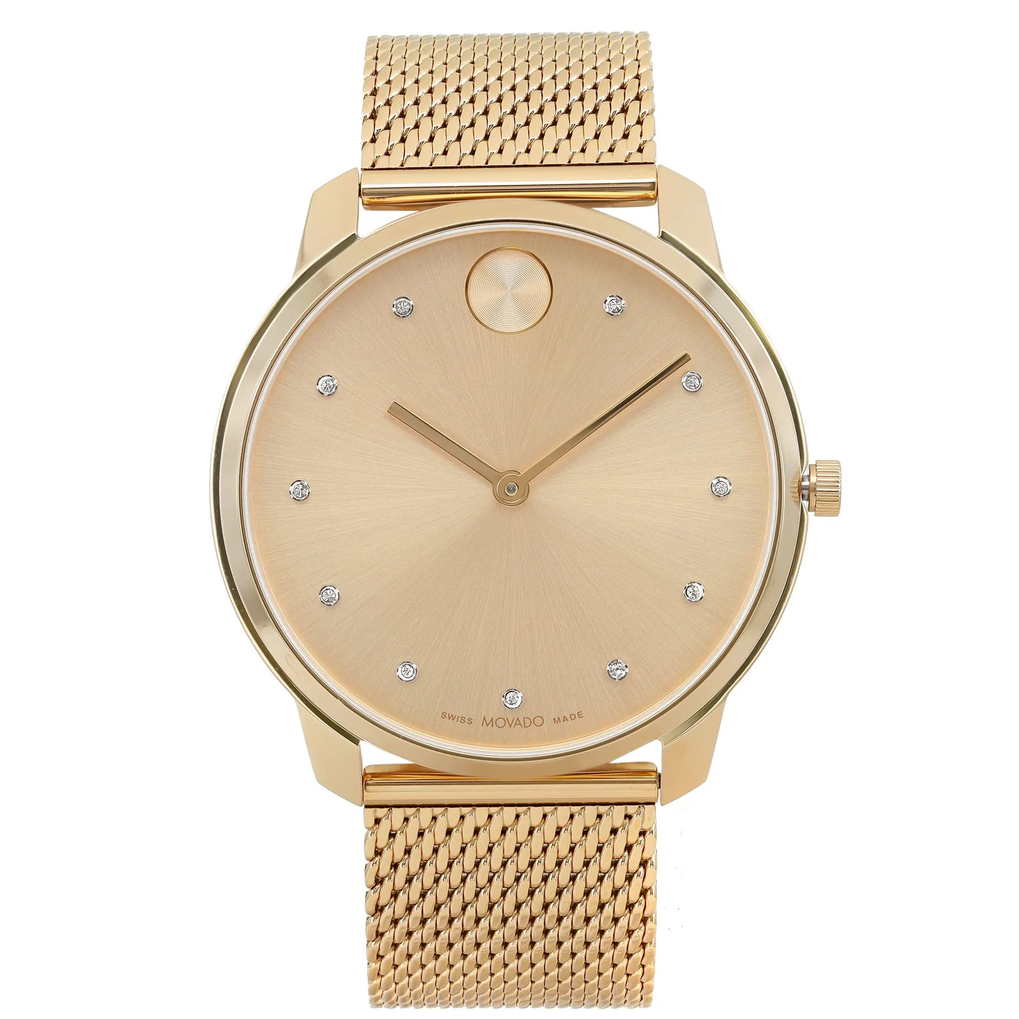 An image of a pre-owned wristwatch shown from a front full frontal view. The watch features a gold-toned mesh strap and a minimalist dial with slender hands and diamond-like markers. The watch case and strap are uniformly gold, complementing the elegant design.