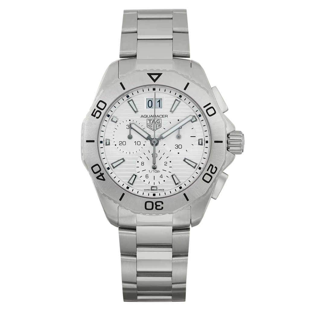 An image of an unworn TAG Heuer Aquaracer men's wristwatch in excellent condition, presented in a full frontal view. The watch features a round, silver dial with stick indexes, a gray bezel, and a stainless steel band. It also includes a chronograph, date indicator, and a small seconds subdial. The watch is positioned centrally and shown at a close distance, allowing for clear visibility of its details.