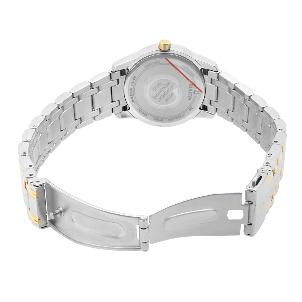 An image of a Bulova women's wristwatch, displayed as a back view with the clasp open. The watch features a stainless steel case with a snap caseback and a stainless steel band. The round watch shape is visible from this angle, and the fold-over clasp with double push button is shown in an open position. The distance is close-up, providing a clear view of the watch's construction and design details, and the angle is directly from the back, showcasing the inner side of the clasp and the rear of the watch case.