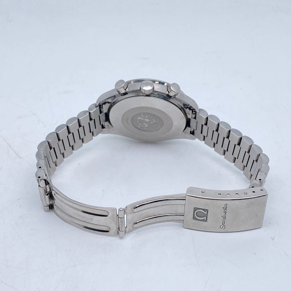 Back View Of Solid Back Case And Open Stainless Steel Band Of OMEGA 3510.50.00 Watch Pre Owned Condition