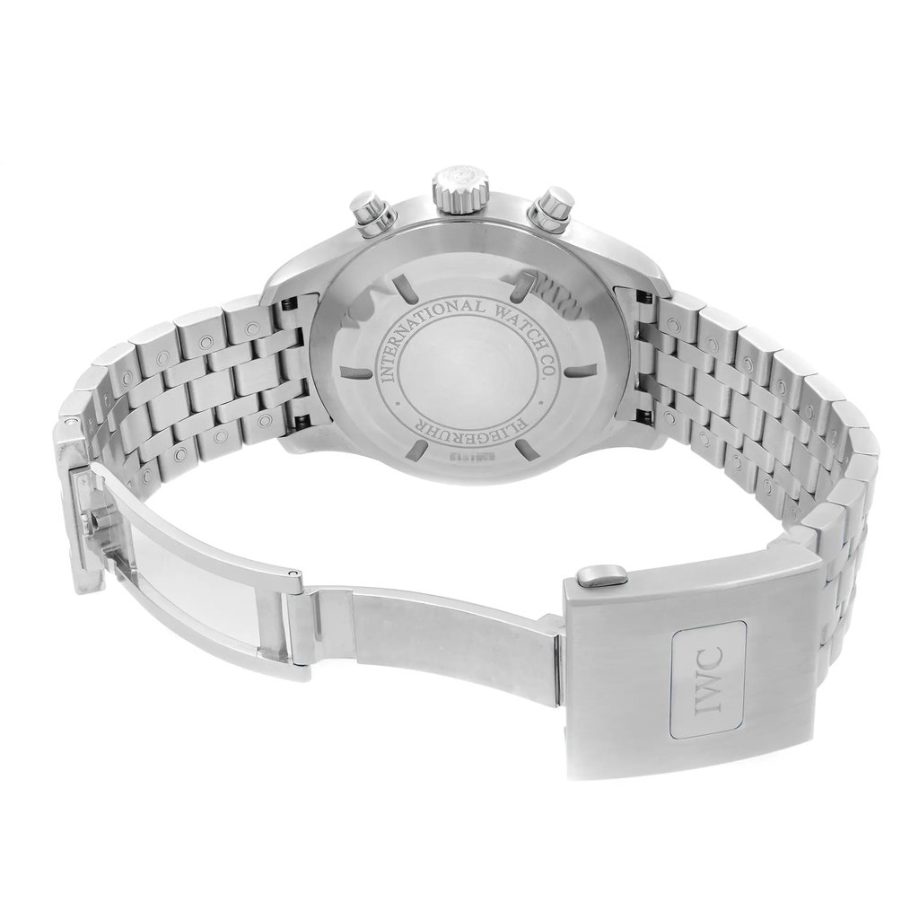 Back View Of Solid Back Case And Open Stainless Steel Band Of IWC IW377704 Watch Pre Owned Condition