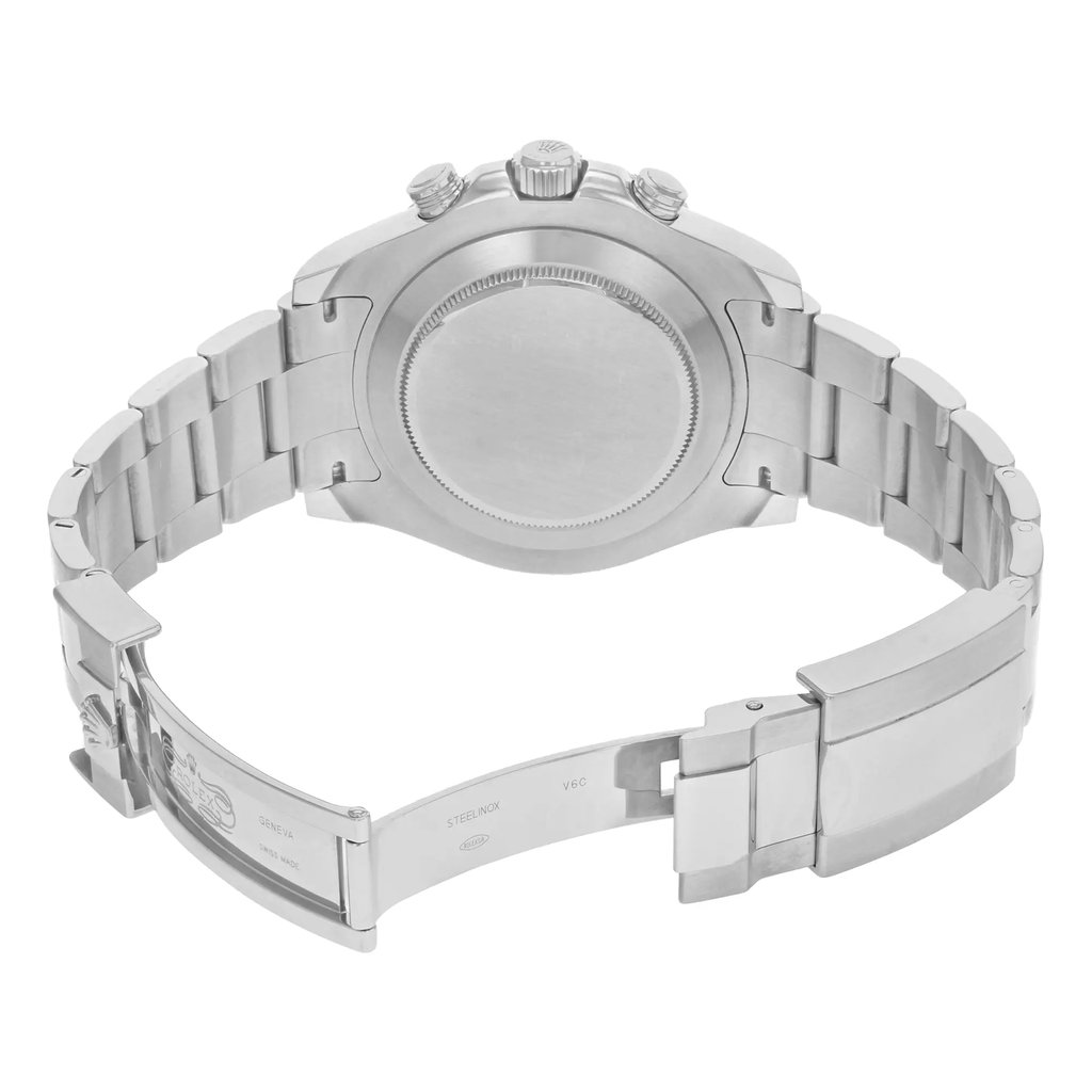 An image of a pre-owned wristwatch taken from the back view, showcasing the open clasp. The watch is positioned at a slight angle, highlighting its stainless steel bracelet and the circular case back. The shot is taken from a medium distance, offering a clear view of the clasp's inner engravings and the watch's overall metallic finish.