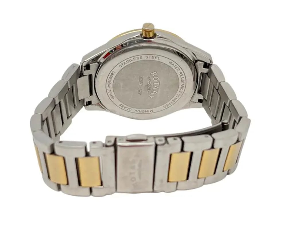 Back View Of Snap Back Case And Closed Stainless Steel Band Of Rotary LB00066/41 Watch Pre Owned Condition