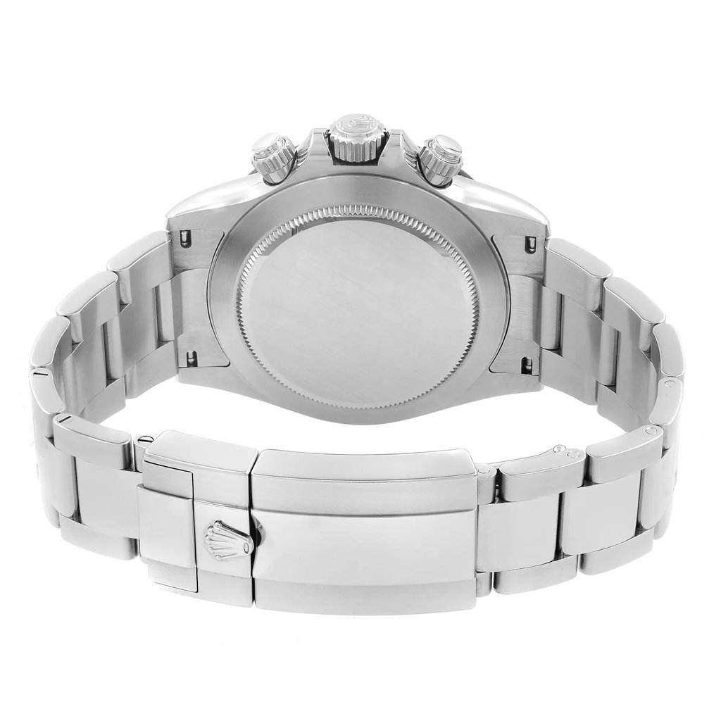 An image of a pre-owned men's Rolex wristwatch viewed from the back. The watch is positioned horizontally, showing the stainless steel bracelet and closed clasp. The angle highlights the smooth, circular back of the watch case and the side view of the chronograph buttons. The photograph is taken at a close distance, emphasizing the watch's polished metal finish and detailing.