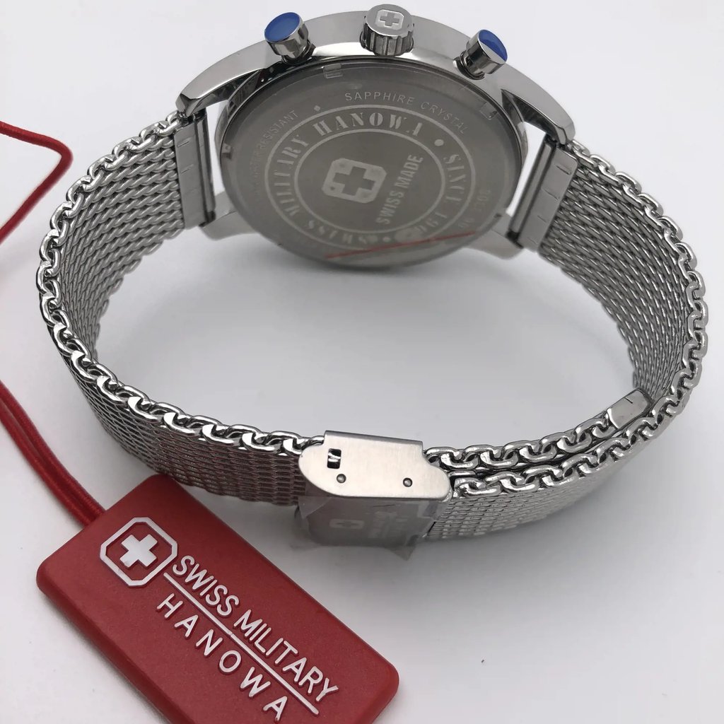 Back View Of Screwback Back Case And Closed Stainless Steel Band Of Swiss Military Hanowa 06-3308.04.003 Watch Display Model Condition