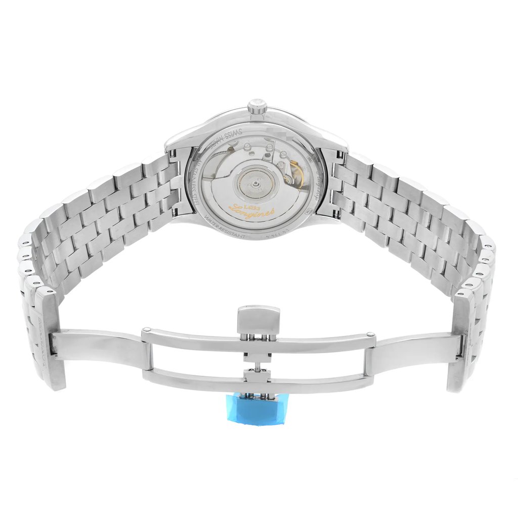 An image of a Wristwatch by Longines. This Display Model item is designed for Men, featuring a Casual,Dress/Formal style. It has a Mechanical (Automatic) movement and an Analog display with a White dial color. The indices include 12-Hour Dial,Non-Numeric Hour Marks,Stick Indexes. The band is made of Stainless Steel and the case is made of Stainless Steel. The watch has a Round shape with a case size of 35.5 mm and a case thickness of 7 mm.