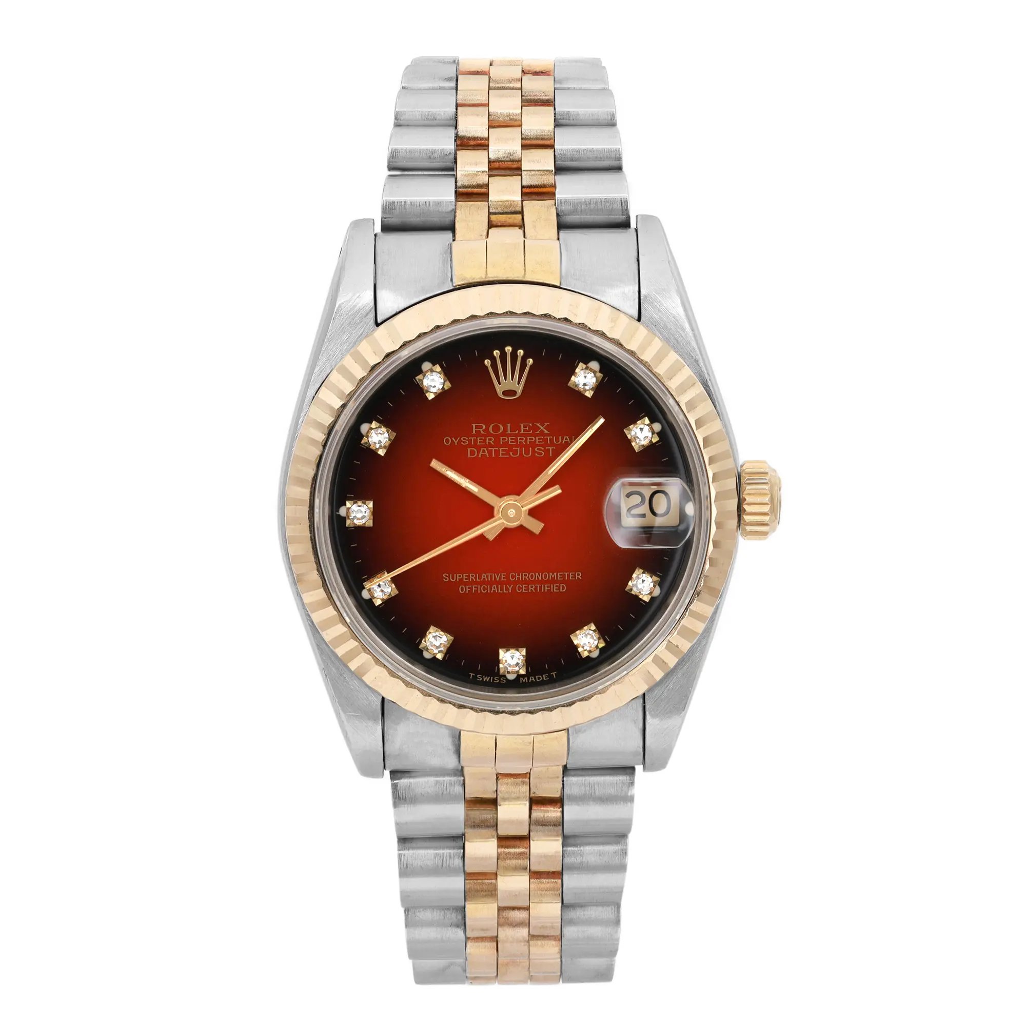 An image of a pre-owned wristwatch captured from a front full frontal view. The watch features a two-tone metal bracelet and a round face with a date display. The dial has a gradient design with hour markers and is set within a bezel. The crown is positioned on the right side. The image is taken from a close distance, highlighting the details of the watch's face and bracelet.