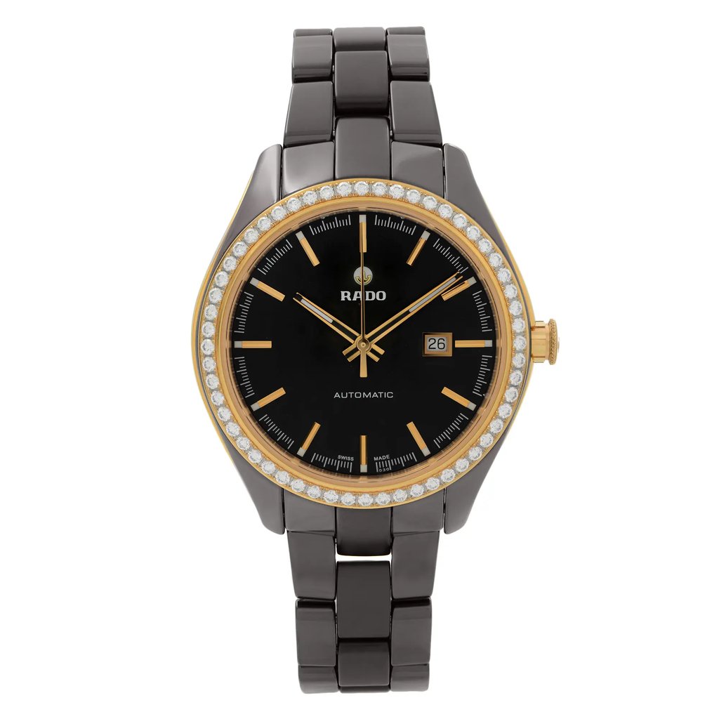 An image of a Wristwatch by Rado. This Display Model item is designed for Women, featuring a Luxury style. It has a Mechanical (Automatic) movement and an Analog display with a Brown dial color. The indices include 12-Hour Dial,Non-Numeric Hour Marks. The band is made of Ceramic and the case is made of Ceramic,Stainless Steel. The watch has a Round shape with a case size of 36 mm and a case thickness of 11 mm.