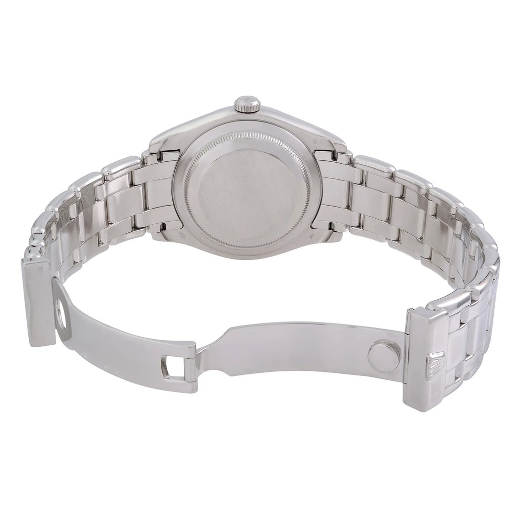 An image of a pre-owned wristwatch taken from the back view, showcasing the open clasp. The watch is positioned centrally with a slight angle, allowing a clear view of the stainless steel bracelet and the back of the watch case. The image is taken from a close distance, highlighting the details of the metal links and the clasp mechanism.