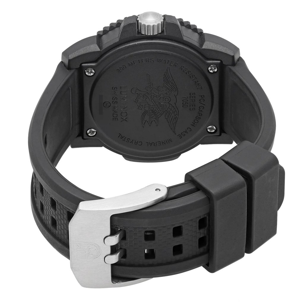 Back View Of Screwback Back Case And Closed Rubber Band Of Luminox XS.3051.F Watch Pre Owned Condition